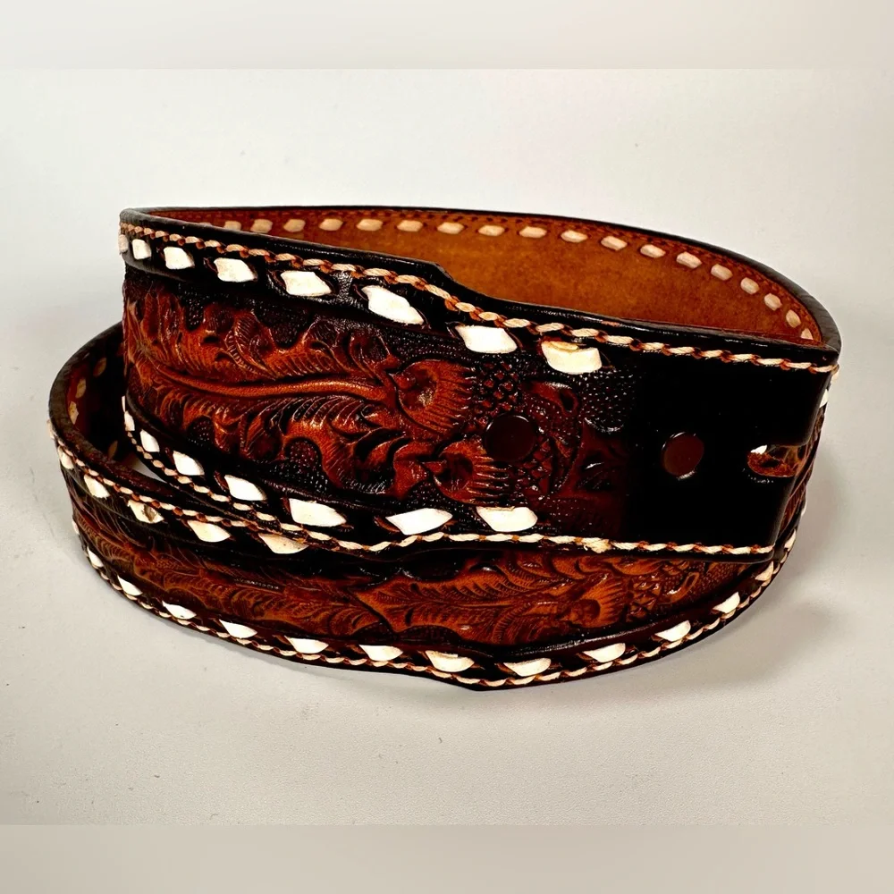 Tony Lama Brown Leather Belt with Intricate Design 31.5” lenght NWOT